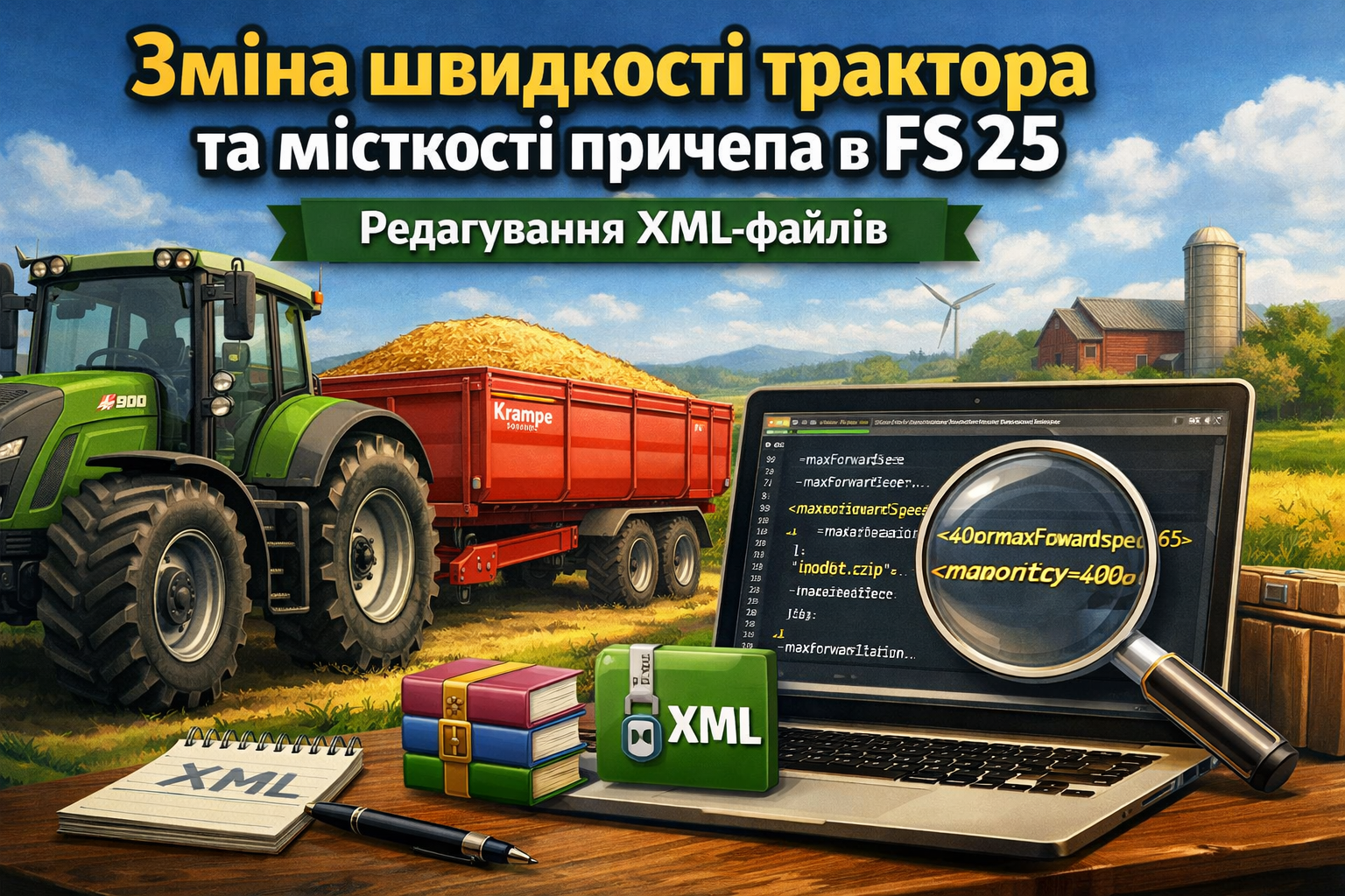 Як самостійно змінити місткість причепа або швидкість трактора в FS 25 (редагування XML)