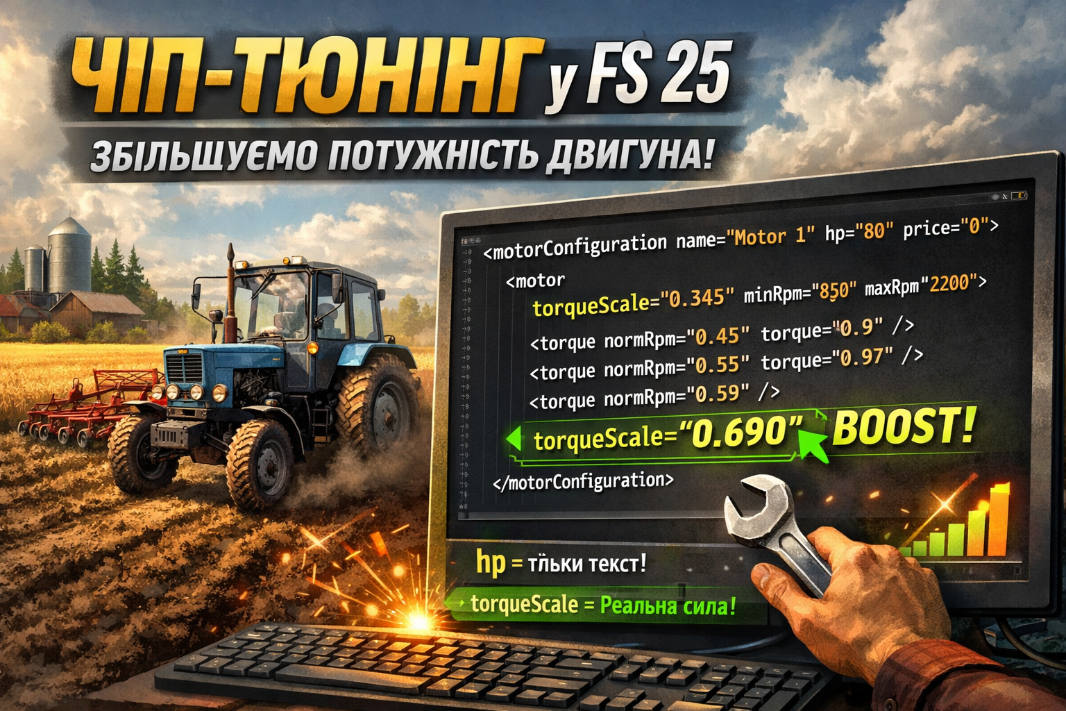 Віртуальний чіп-тюнінг у FS 25: як збільшити потужність двигуна трактора через XML