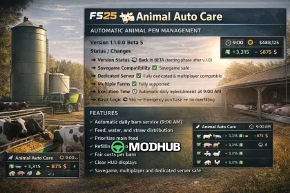 Mod für New Auto Animal Care Beta 5 v1100 für FS25 — Autopflege für Tiere ohne Cheating