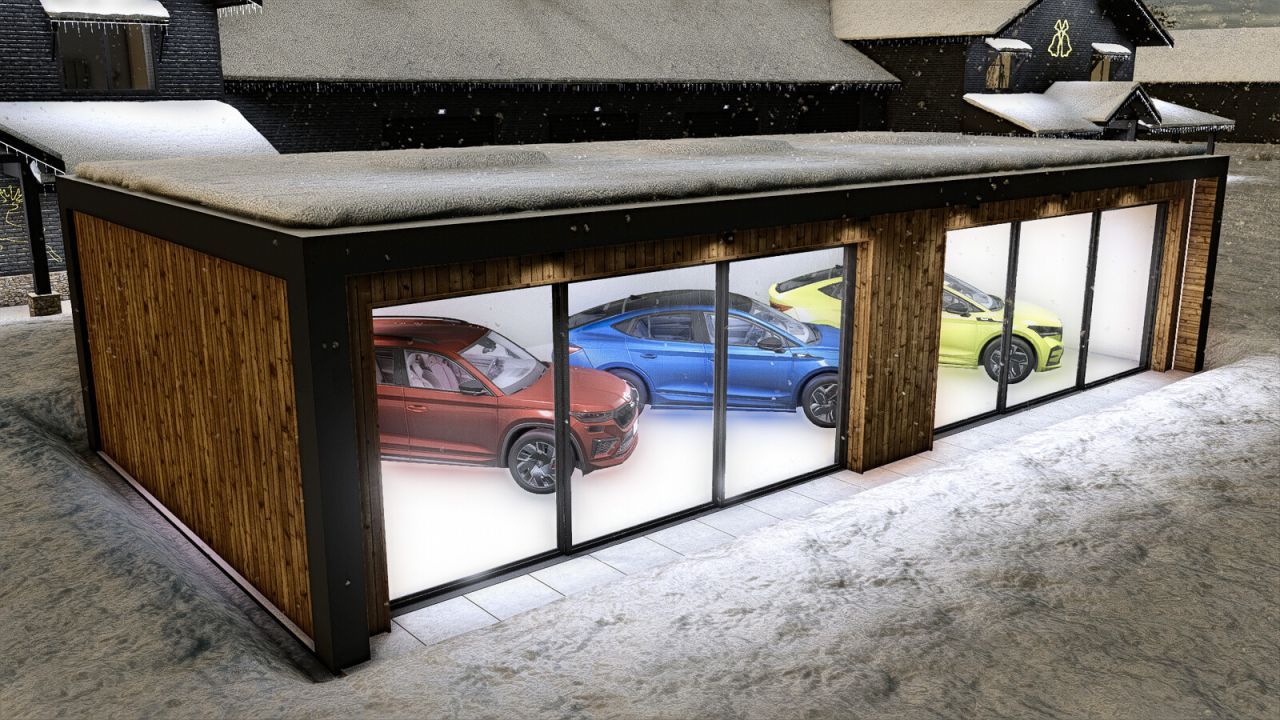 Moderne Autohäuser Car Showroom für Farming Simulator 25 — Stilvolle Garage für Technik