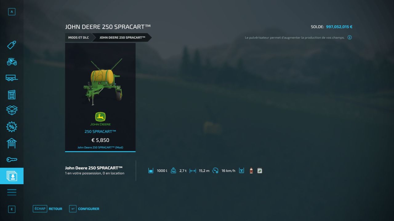 Обприскувач John Deere 250 SPRAYER для Farming Simulator 22