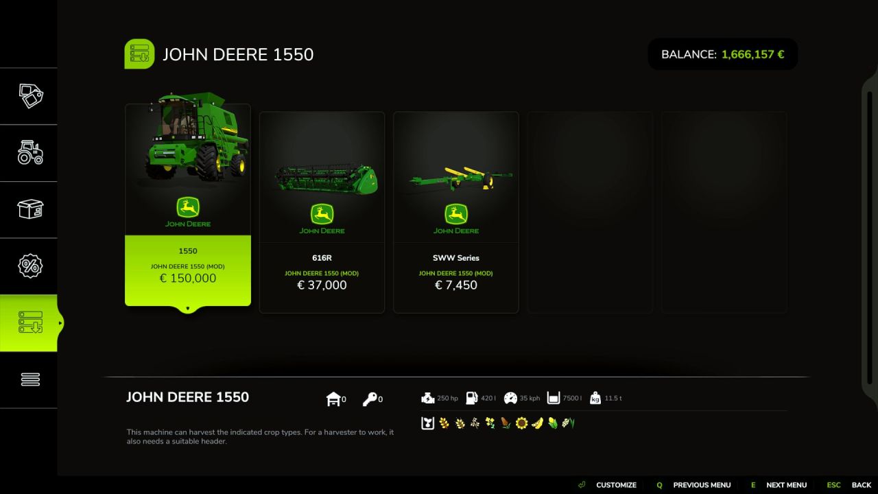 Трактор John Deere 1550 EU для Farming Simulator 25