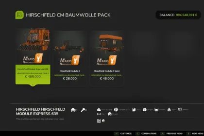 Ефективний Cotton Pack V2 у Стилі Hirschfeld — Швидке Збирання Бавовни в FS25 — 2