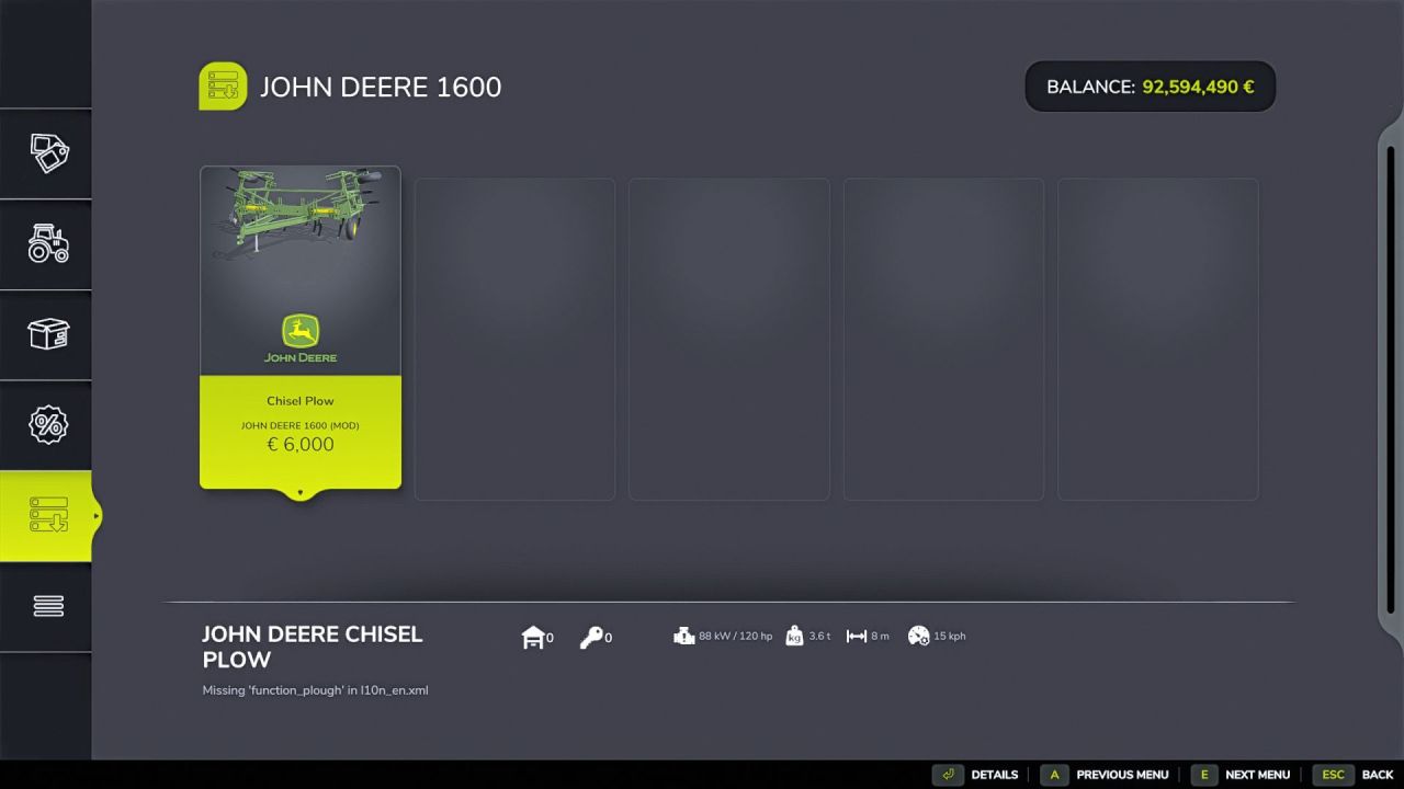 Chisel Plow John Deere 1600 for Farming Simulator 25