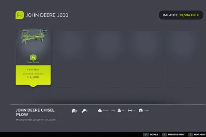 Chisel Plow John Deere 1600 for Farming Simulator 25 — 2