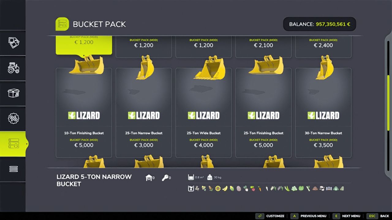 Набір ковшів для екскаваторів Bucket Pack для Farming Simulator 25