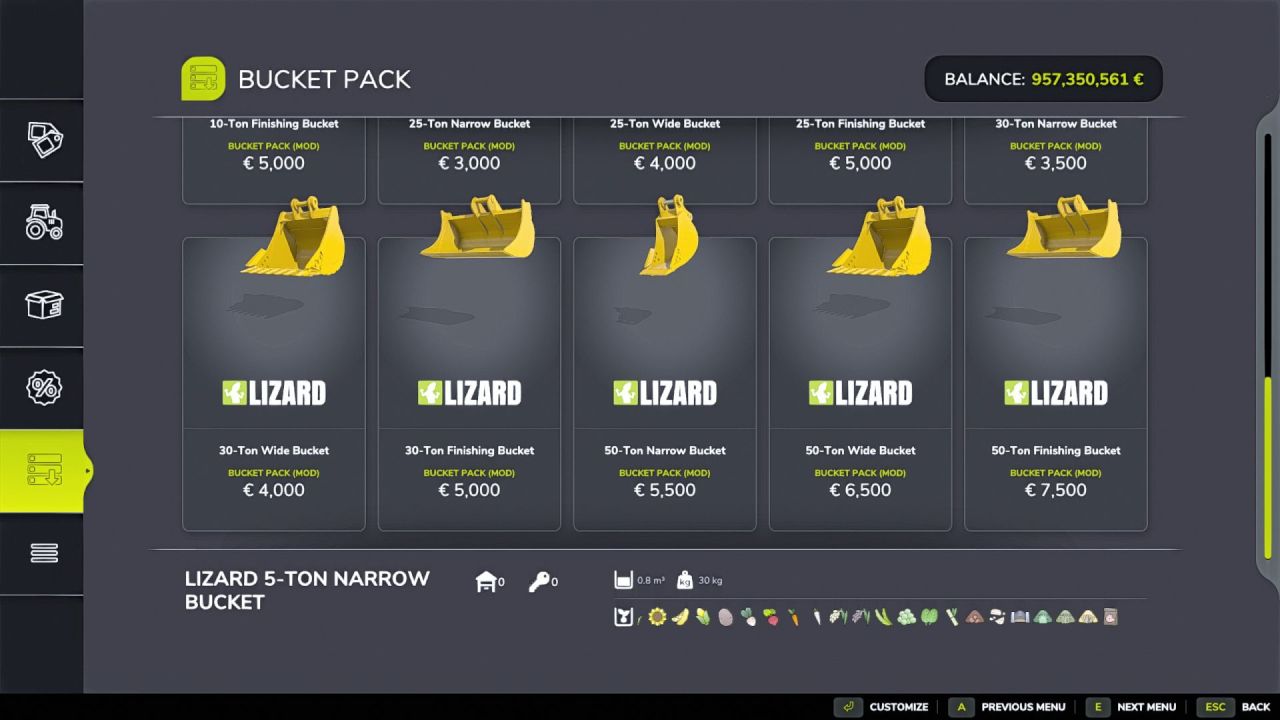 Набір ковшів для екскаваторів Bucket Pack для Farming Simulator 25