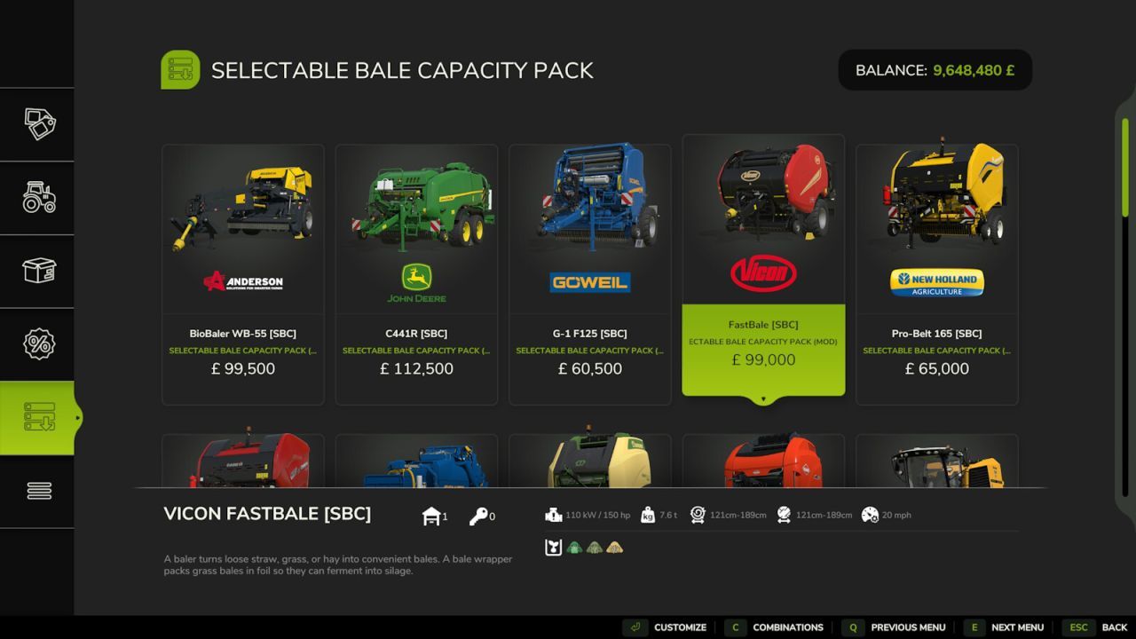 Ефективний Selectable Bale Capacity Pack — Прес-підбирачі з Тюками до 9x для Farming Simulator 25