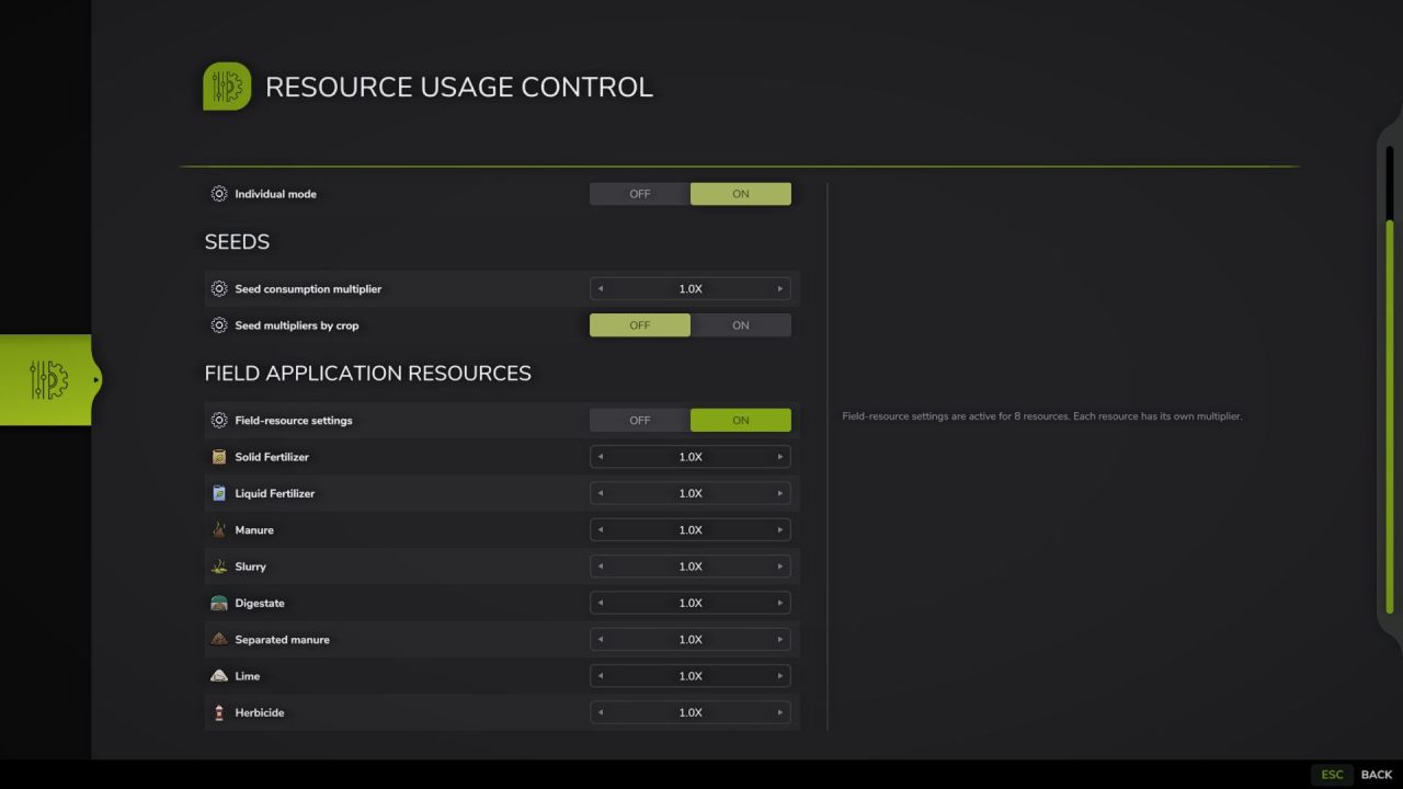 Resource Usage Control для Farming Simulator 25