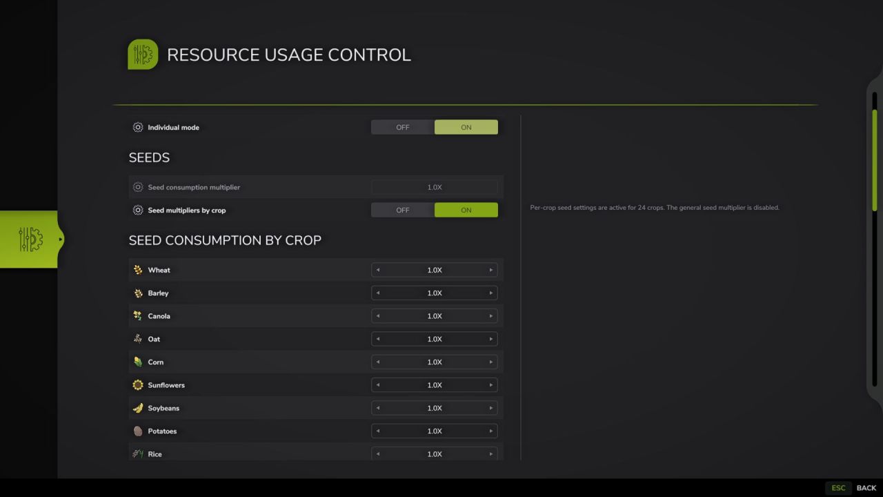 Resource Usage Control для Farming Simulator 25