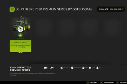 Leistungsstarker Traktor John Deere 7030 Premium V2 mit realistischer Physik für Farming Simulator 25 — 6