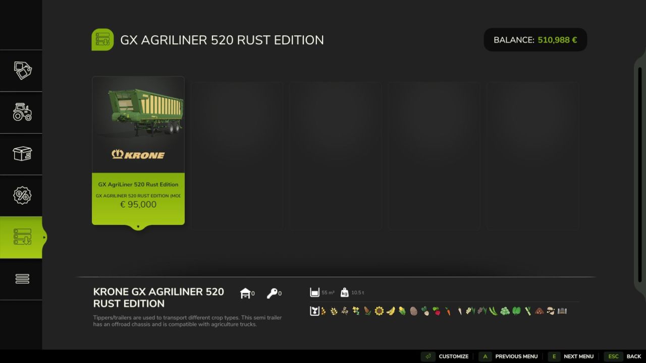 Причіп Krone GX Agriliner 520 Rust Edition для Farming Simulator 25