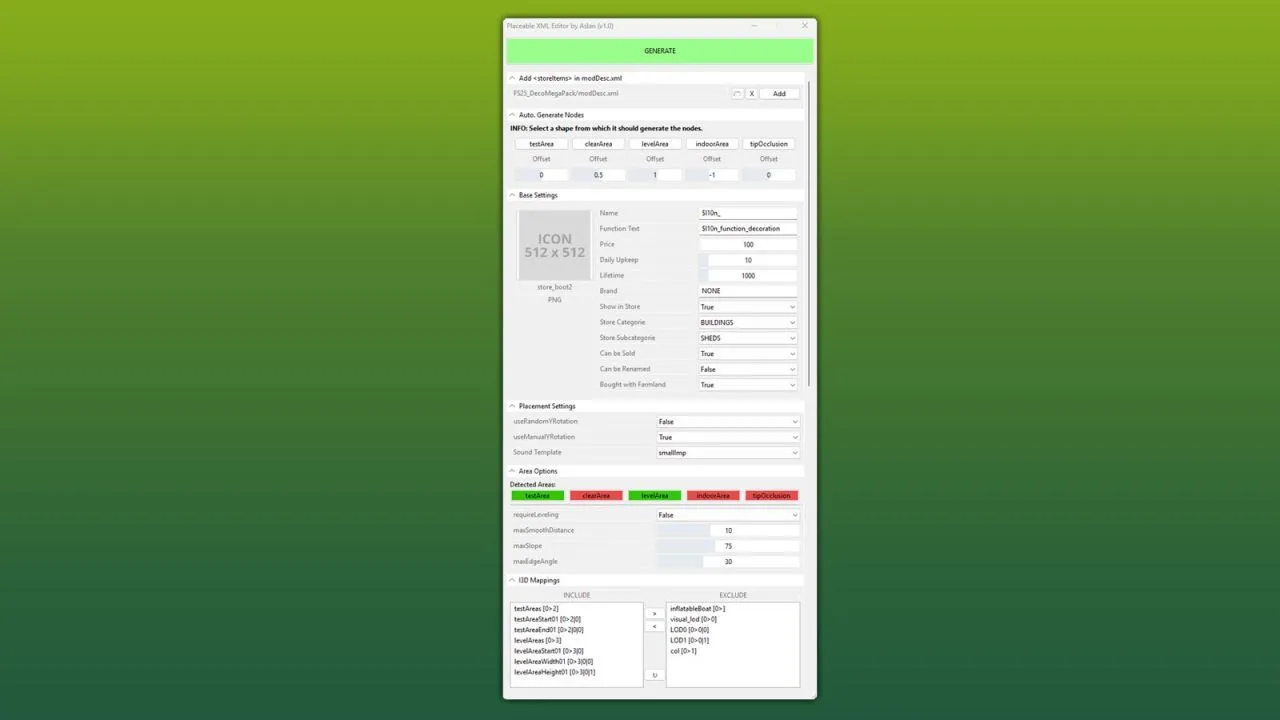 Effektiver GE10 Script Placeable XML Editor (Prefab) — Schnelles Erstellen von Placeablexml für FS25