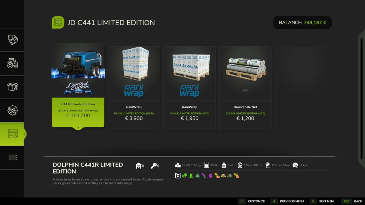 Прес-підбирач John Deere C441R Limited Edition для Farming Simulator 25