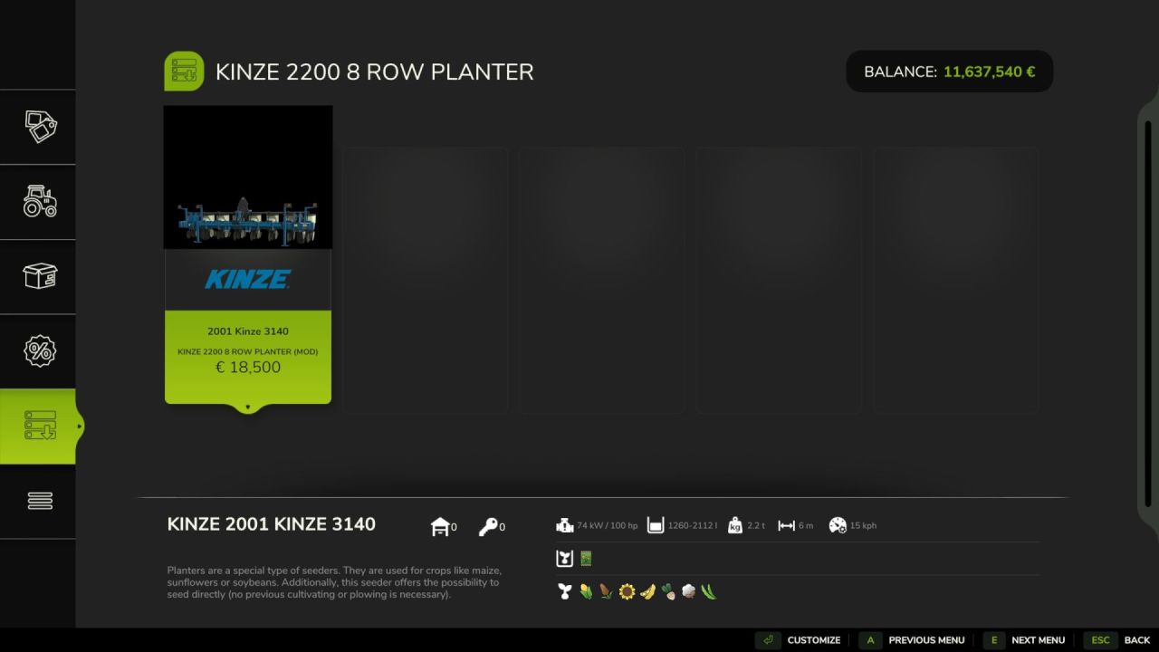 Effizienter Kinze 3140 8 Reihen Pflanzer — Präzise Aussaat auf 6 m in FS25