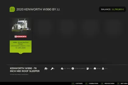 Легендарна Вантажівка Kenworth W990 2020 76" Mid Roof Sleeper — Американська Міць у FS25 — 3