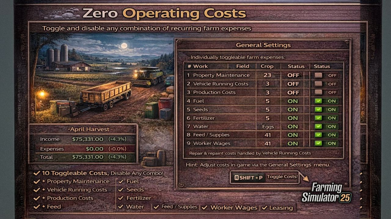 Efektywny Mod Zero Operating Costs dla Farming Simulator 25 — Pełna Kontrola Wydatków Farmy