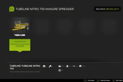 Ефективний Розкидач Гною Tubeline Nitro 750 (19 381 л) для Farming Simulator 25