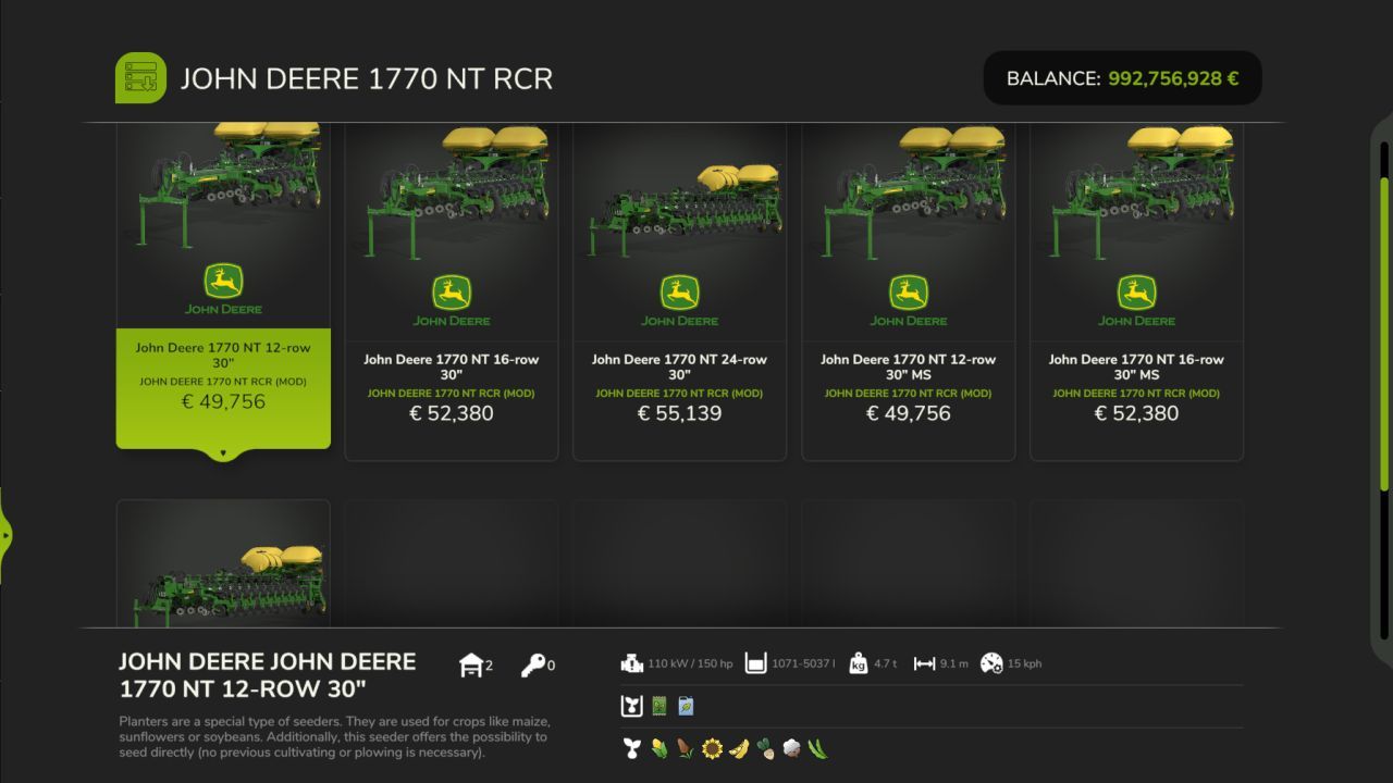 John Deere 1770 NT RCR zaaimachine voor Farming Simulator 25