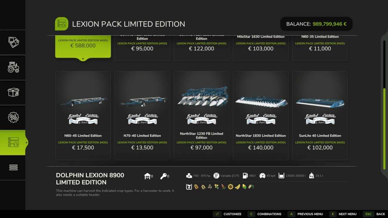 Легендарний Комбайн Claas Lexion 8900 Pack Limited Edition — Тюнінг, Більший Бункер та 45 км/год для FS25