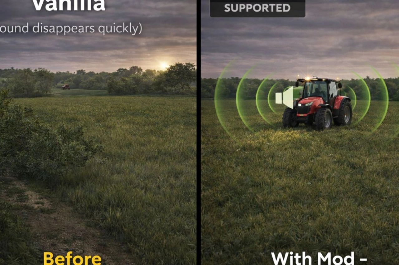 Мод реалістичної дистанції звуку транспортних засобів для Farming Simulator 25