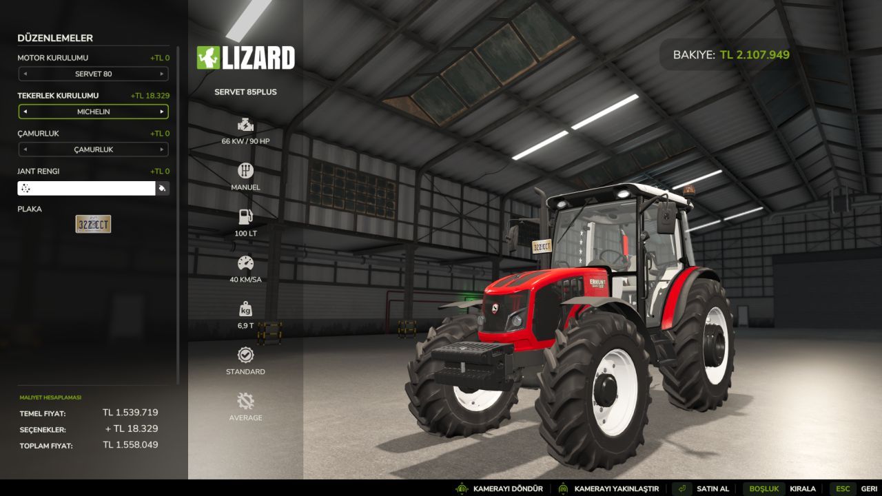 Трактор Erkunt Servet 85+ Lüks для Farming Simulator 25