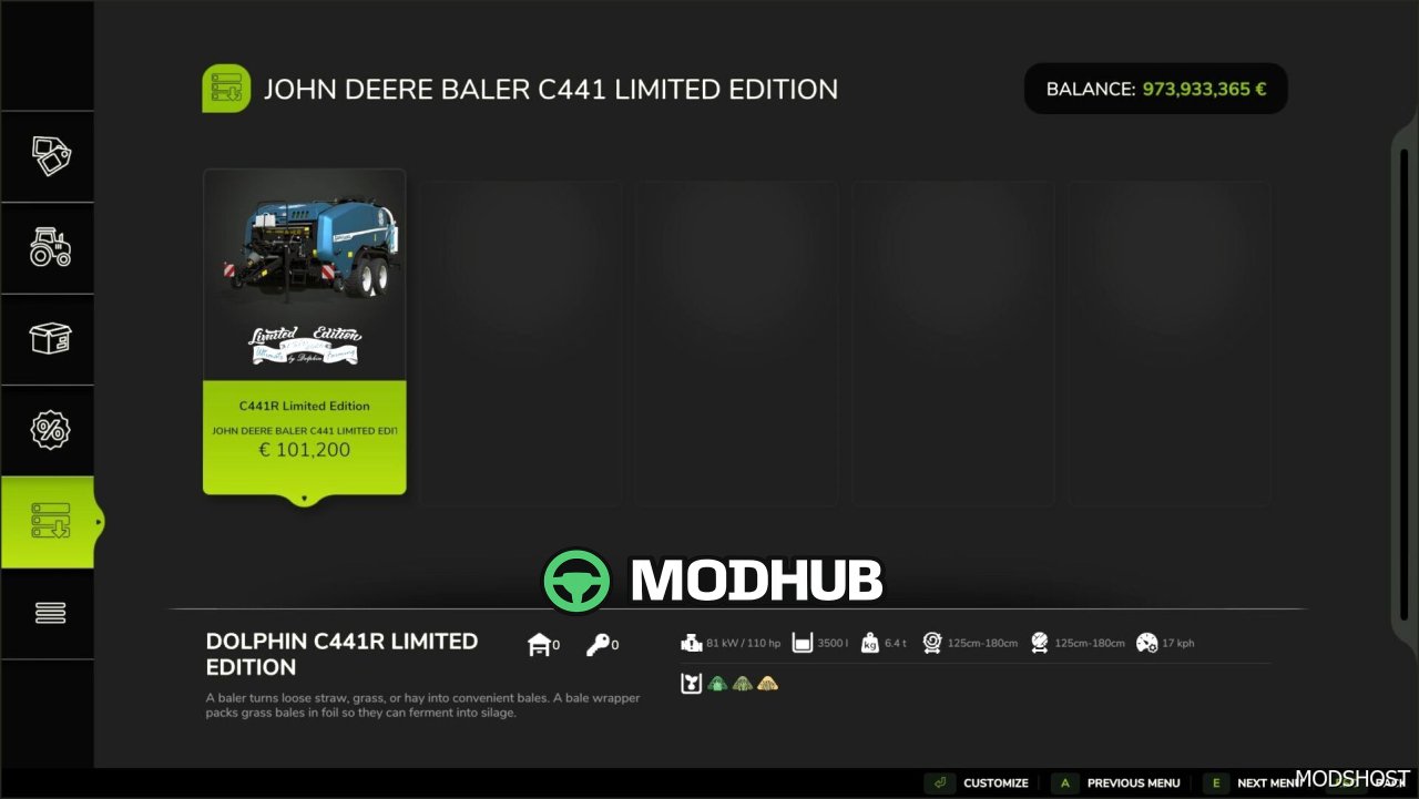 Прес-підбирач John Deere C441R Limited Edition для Farming Simulator 25