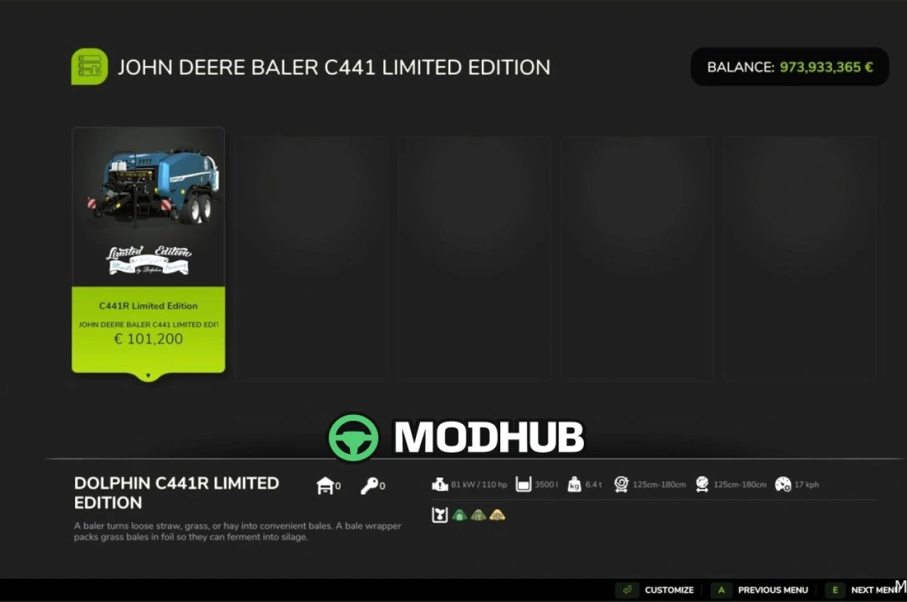 Прес-підбирач John Deere C441R Limited Edition для Farming Simulator 25