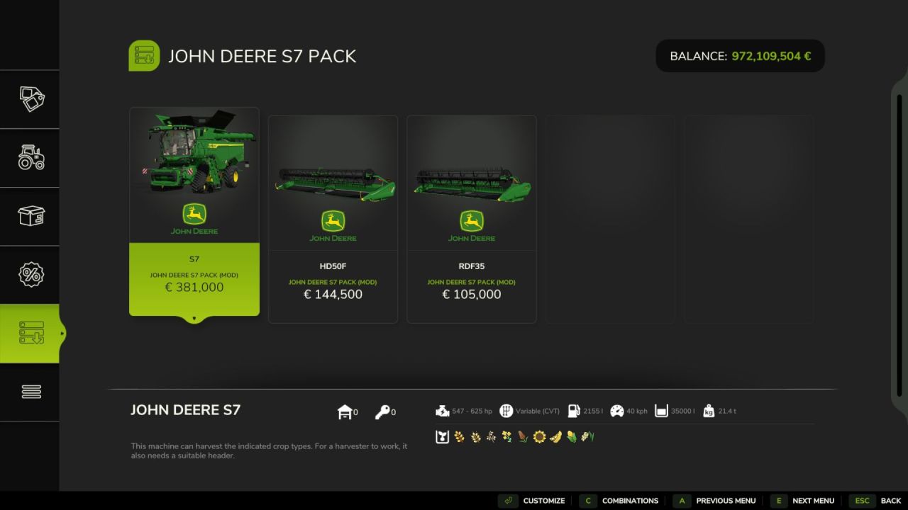 Пакет John Deere S7 для Farming Simulator 25