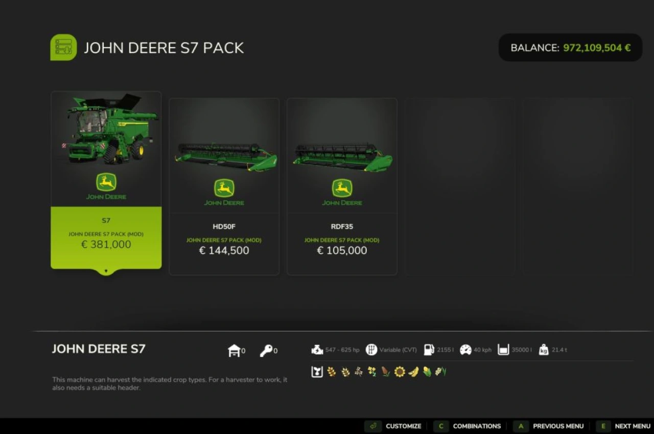 Пакет John Deere S7 для Farming Simulator 25