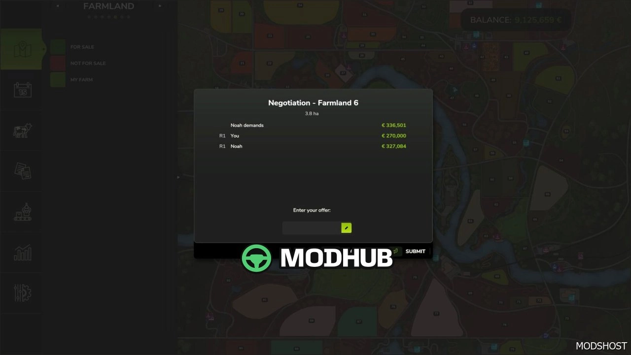 Мод для управління бізнесом Farmland Market Beta 2 для Farming Simulator 25