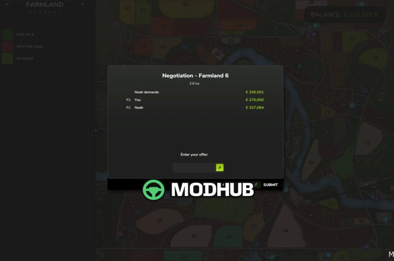 Мод для управління бізнесом Farmland Market Beta 2 для Farming Simulator 25