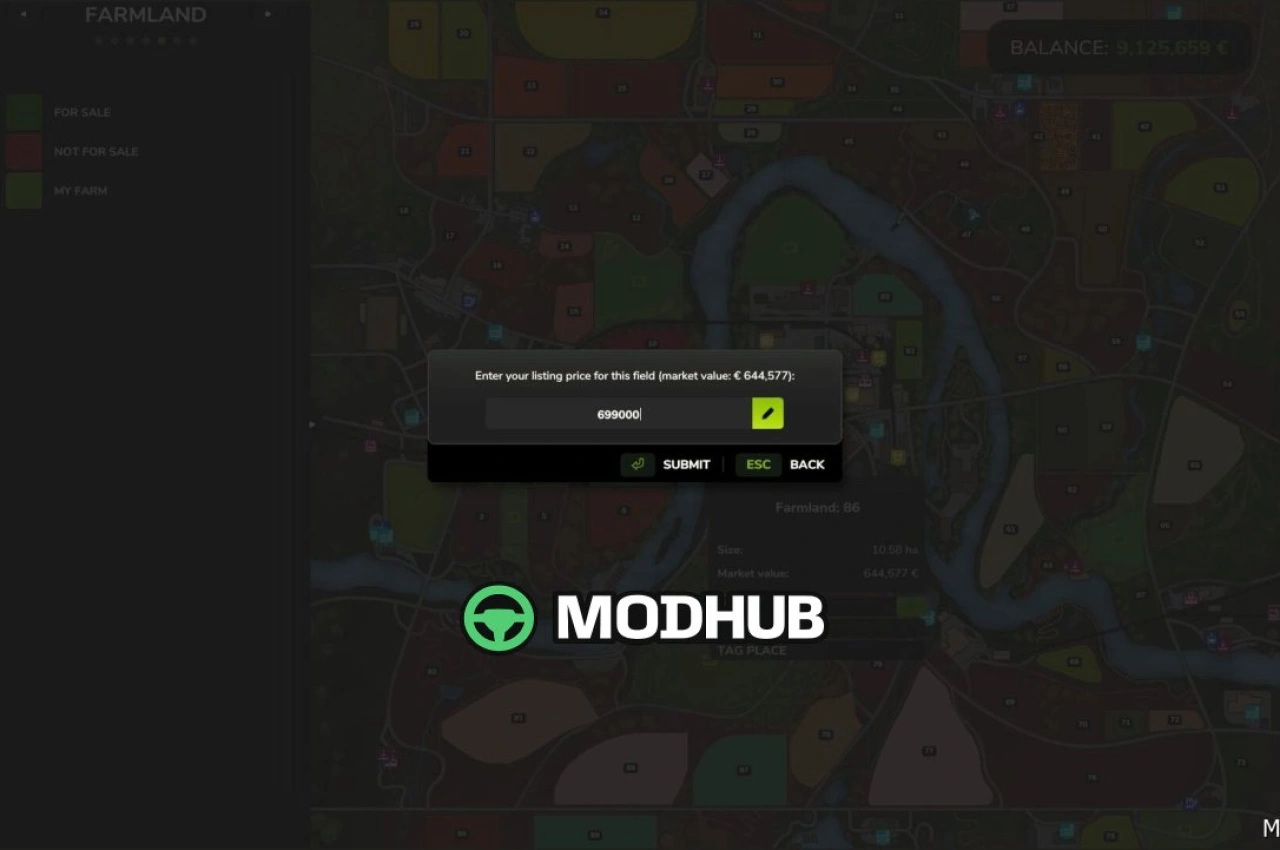 Мод для управління бізнесом Farmland Market Beta 2 для Farming Simulator 25