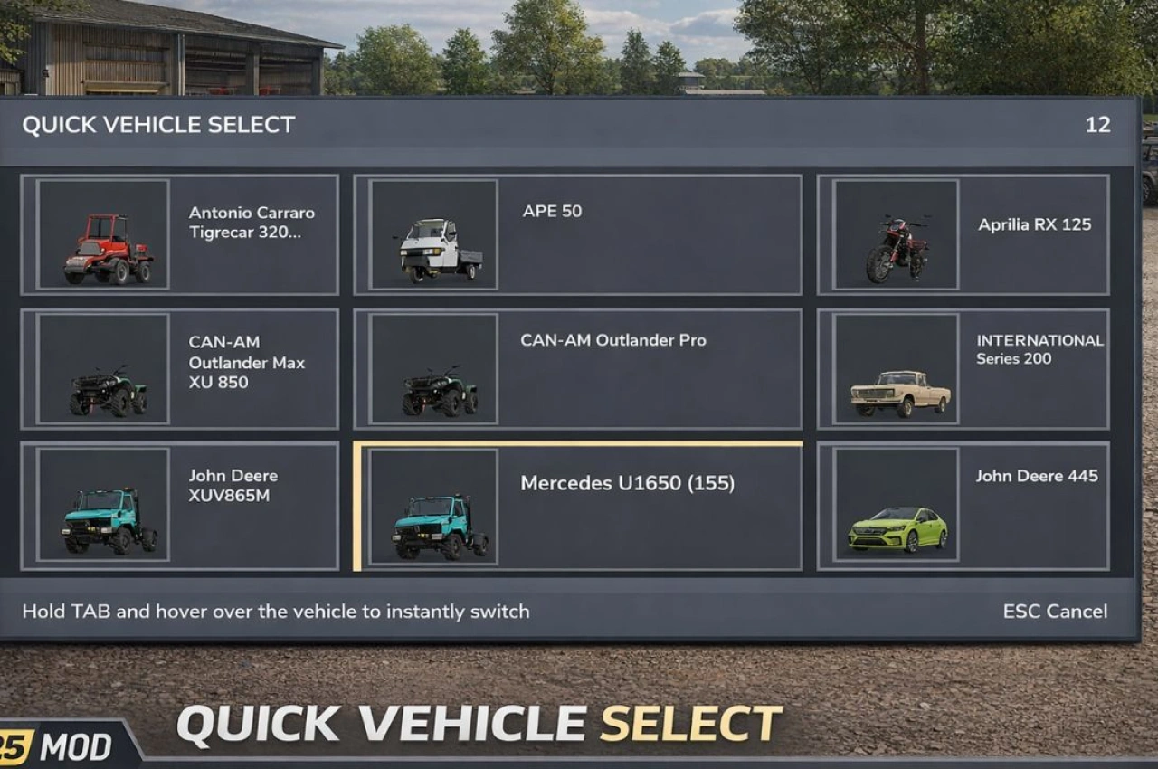 Швидкий вибір транспортних засобів для Farming Simulator 25