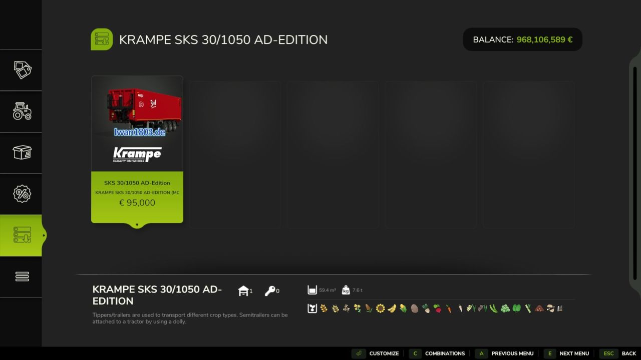 Причіп Krampe SKS 30/1050 AutoDrive-Edition для Farming Simulator 25