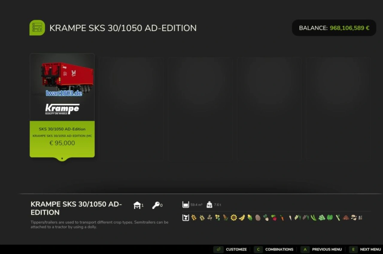 Причіп Krampe SKS 30/1050 AutoDrive-Edition для Farming Simulator 25