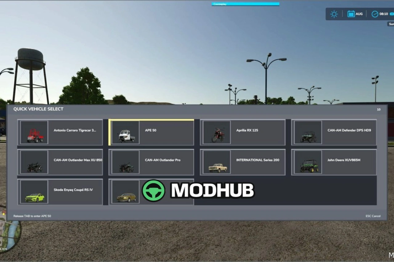 Швидкий вибір транспорту V1.2 для Farming Simulator 25