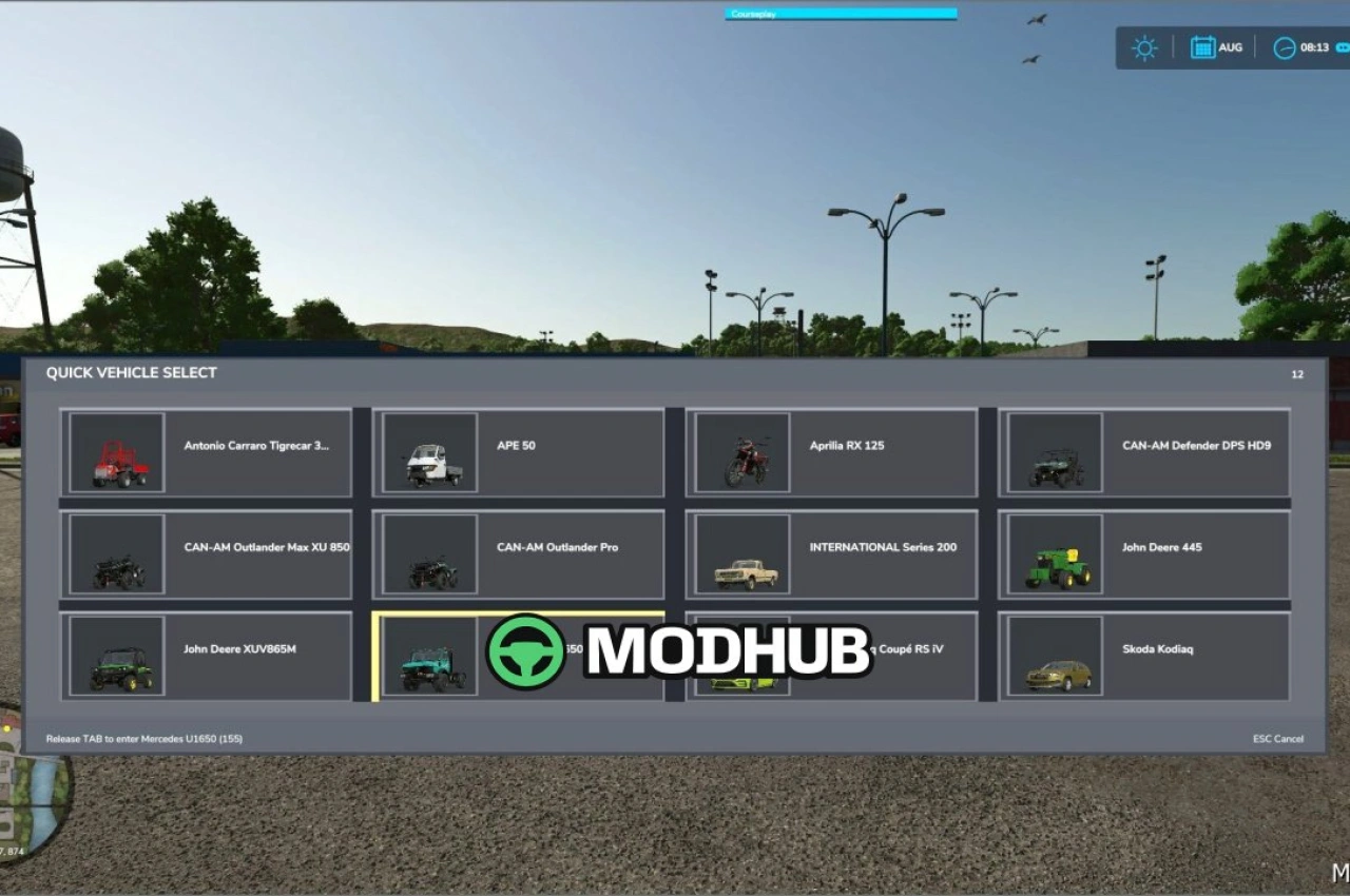 Швидкий вибір транспорту V1.2 для Farming Simulator 25