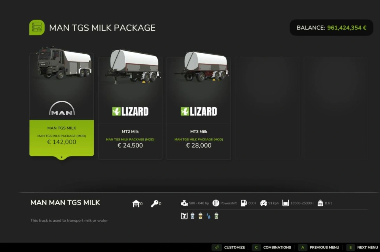 Вантажівка для молока Man Milk Transport Pack для Farming Simulator 25