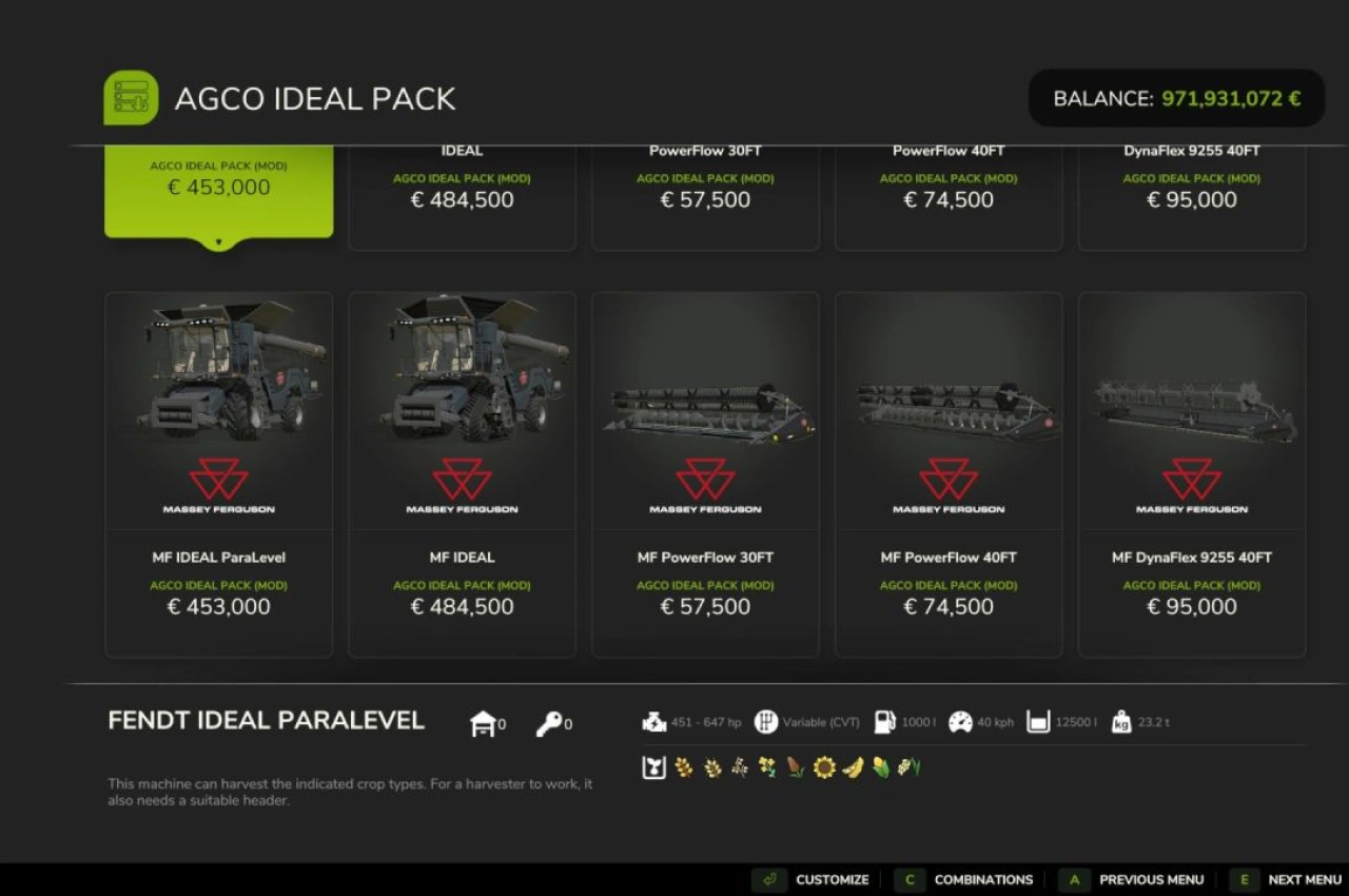 Комбайн Fendt/MF Ideal Pack для Farming Simulator 25