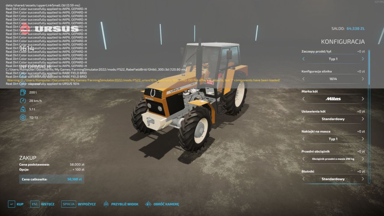 Traktor Ursus 1614 Edit do Farming Simulator 22