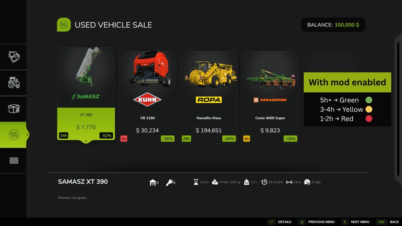 Мод Used Sales Time Left для Farming Simulator 25