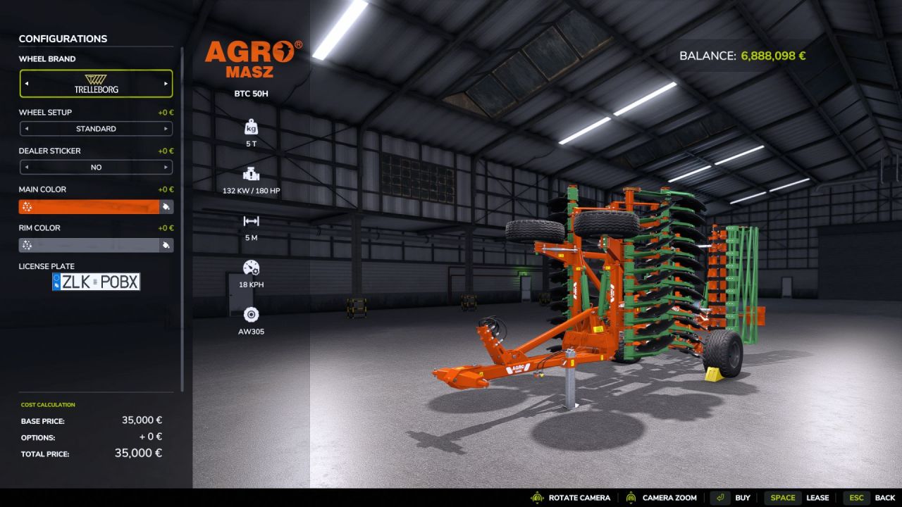 Культиватор Agro Masz BTC50H для Farming Simulator 25