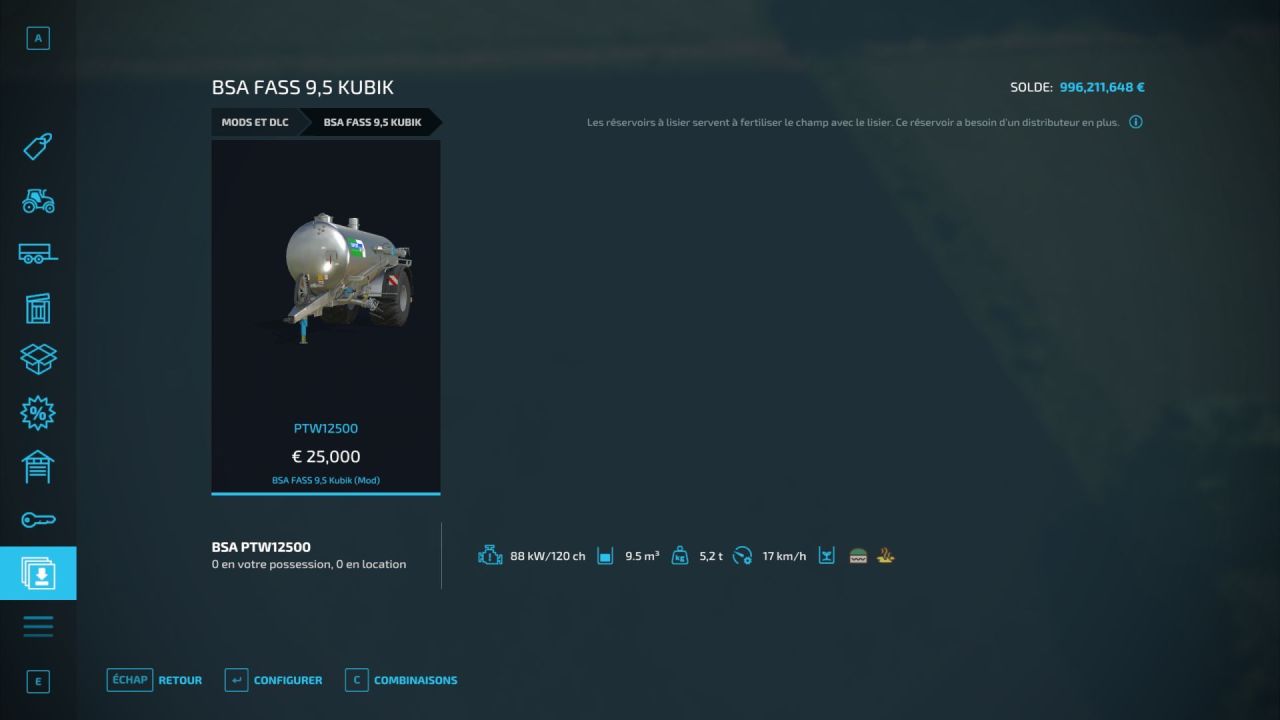 Güllefass BSA 9.5 für Farming Simulator 22