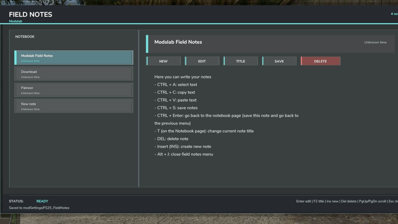 Скрипт Field Notes для Farming Simulator 25