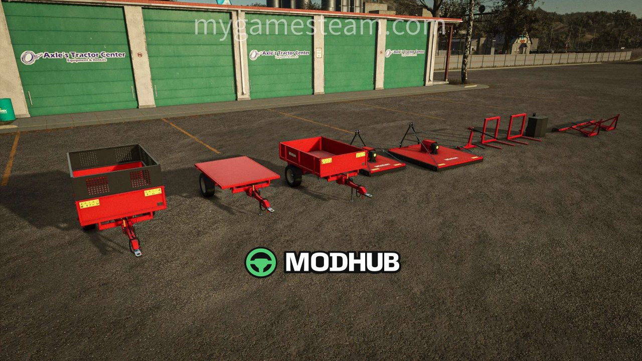 Legendarny pak sprzętu Winton Machinery Pack V1000 do FS25 — kosiarki, widły, widły, brony i przyczepa