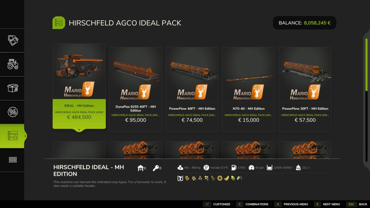 Комбайн AGCO Ideal Pack Hirschfeld Edition для Farming Simulator 25
