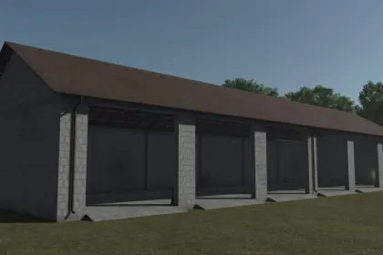 Große offene Garage mit Werkstatt für Farming Simulator 25