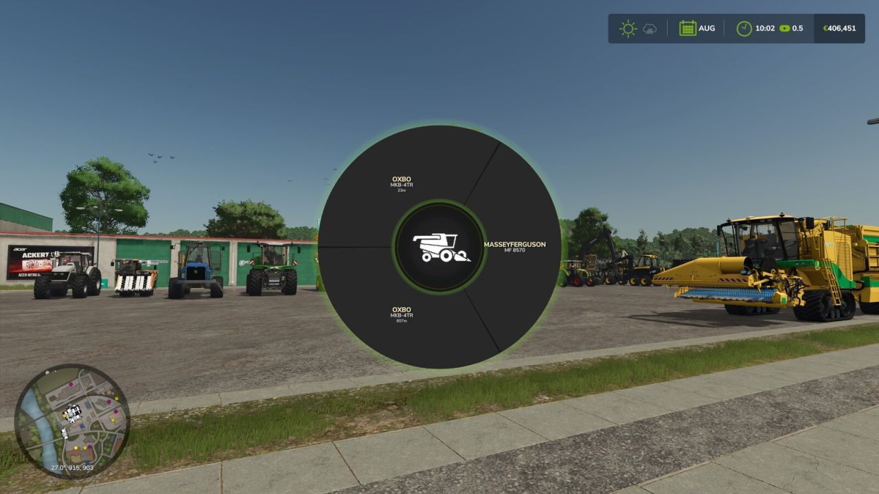Меню вибору техніки для Farming Simulator 25