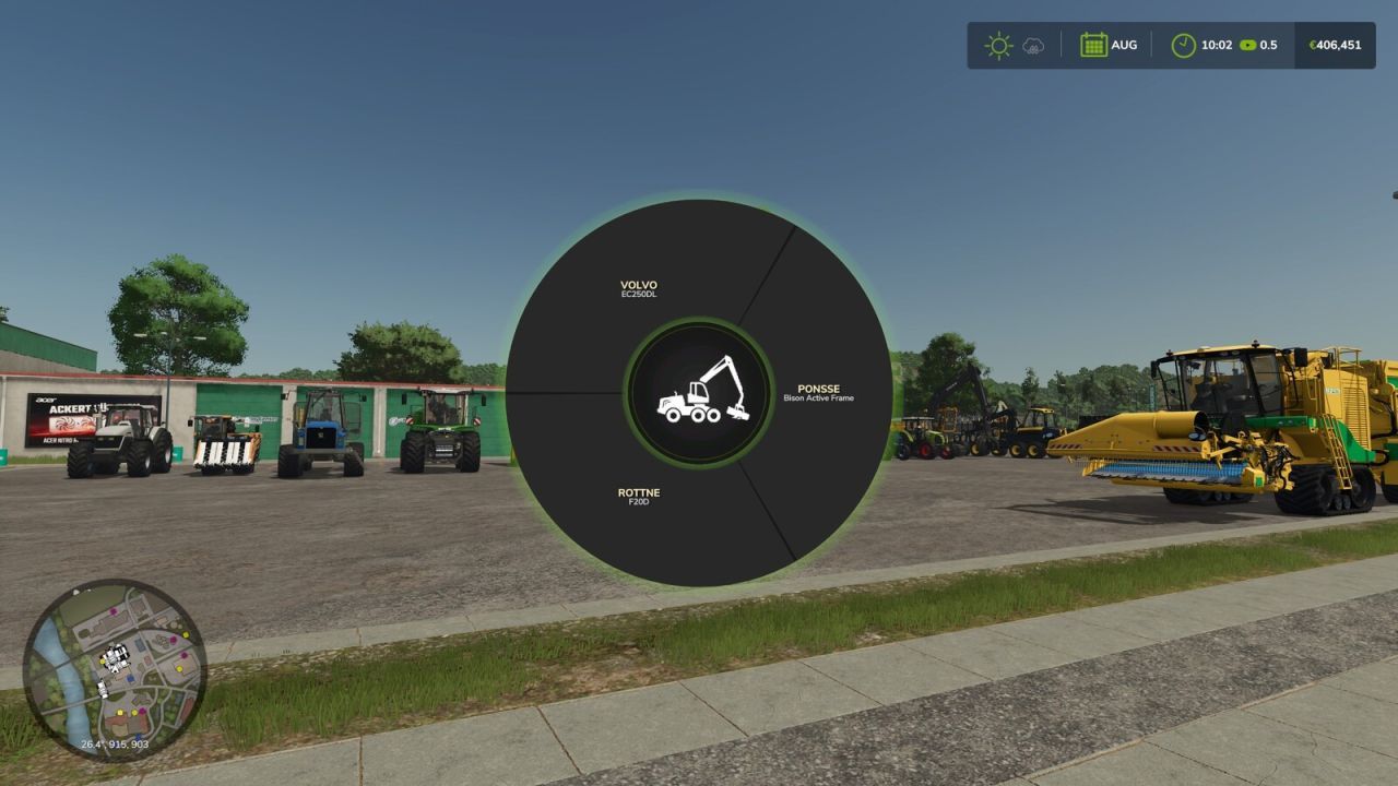 Меню вибору техніки для Farming Simulator 25